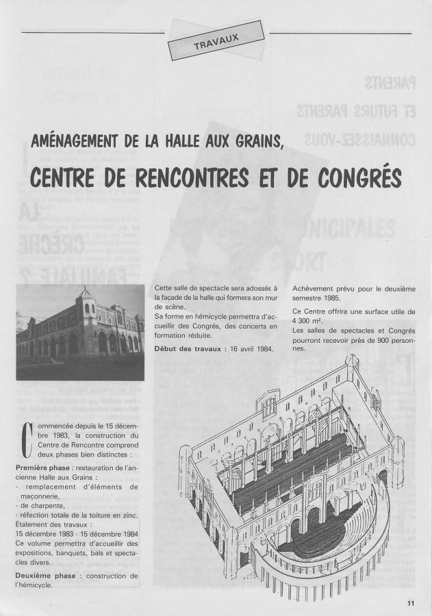 "Amnagement de la halle aux grains. Centre de rencontres et de congrs." Extrait de Blois Actions, avril 1984 (AM Blois, 7 Per)