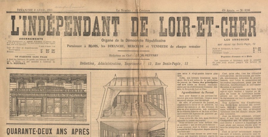 Manchette du journal LIndpendant de Loir-et-Cher du 2 avril 1911.