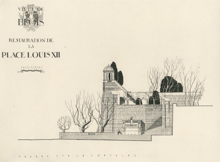 Place Louis-XII. Faade sur la fontaine. Etude par Andr Aubert, 1943 (AM Blois).