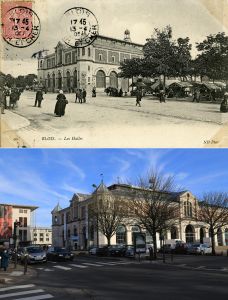 La Halle vers 1900 et en 2015 (AM Blois, 5 Fi 665 / Ville de Blois, Communication)