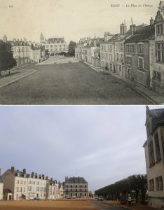 La place du Chteau vers 1905 et en 2015 (AM Blois, 5 Fi 798 / Ville de Blois, Communication)