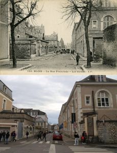 La rue Franciade au dbut du XXe sicle et en 2016 (AM Blois, 5 Fi 937 / Ville de Blois, Communication)