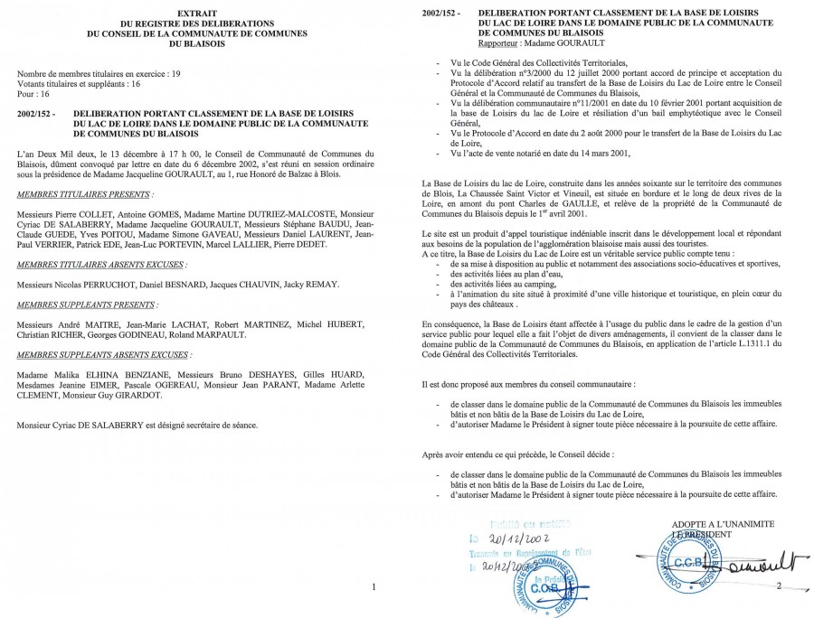 Extrait du registre des dlibrations du Conseil de la Communaut de communes du Blaisois, sance du 13 dcembre 2002 / Archives dAgglopolys, 800 W 1.