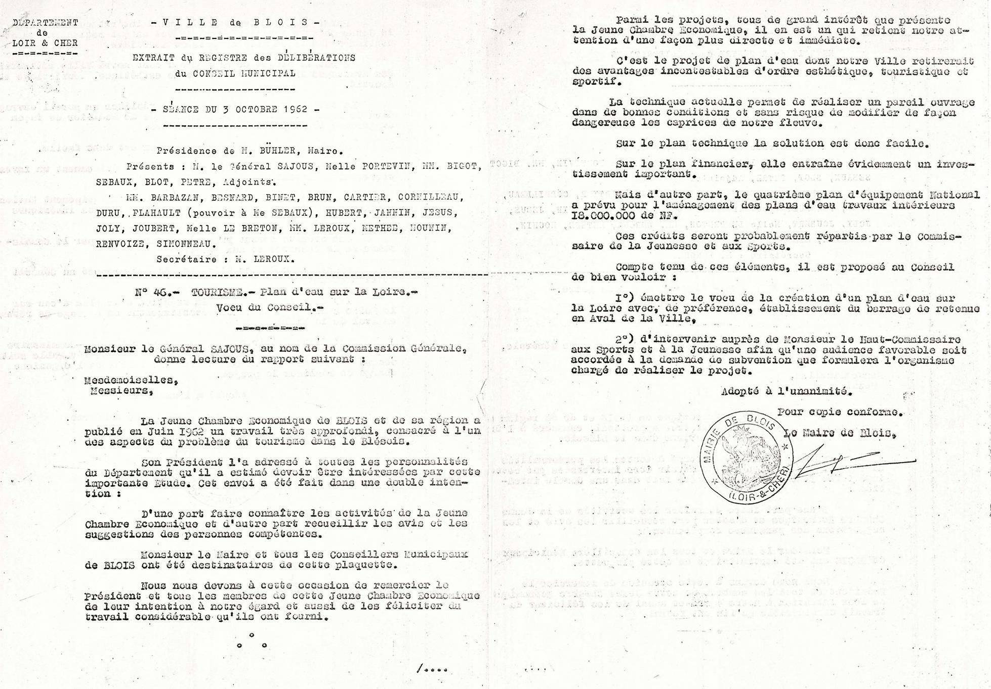 Extrait du registre des dlibrations du Conseil Municipal, sance du 3 octobre 1962