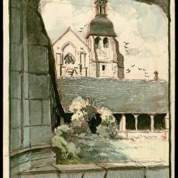 L'�glise Saint Saturnin vue depuis l'int�rieur de l'a�tre. Aquarelle d'Etienne Gaudet. Service mutualis� des Archives. Cote 13_Fi_106