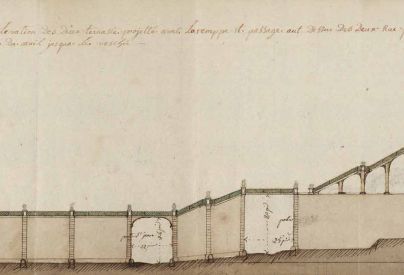 Profil et �l�vation des deux terrasses projet�es avec la rampe et passage au dessus des deux rues pour communiquer de la route du mail jusqu'� l'�v�ch�. Sans date (vers 1777). � Biblioth�que Abb�-Gr�goire, Fonds patrimonial, RLZ 120.