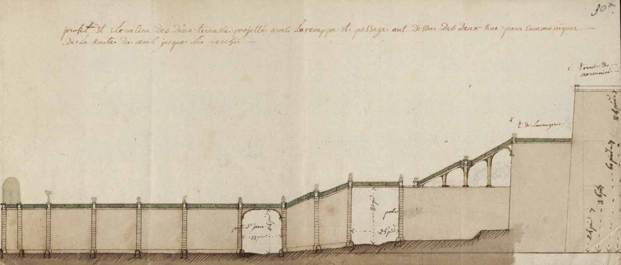 Profil et �l�vation des deux terrasses projet�es avec la rampe et passage au dessus des deux rues pour communiquer de la route du mail jusqu'� l'�v�ch�. Sans date (vers 1777). � Biblioth�que Abb�-Gr�goire, Fonds patrimonial, RLZ 120.