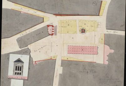 Plan du projet de la place des Fontaines, le 18 juin 1819. � Architecte : Alexandre Pinault. Service mutualis� des Archives de la ville de Blois, d'Agglopolys et du CIAS du Blaisois, 1 O 16.