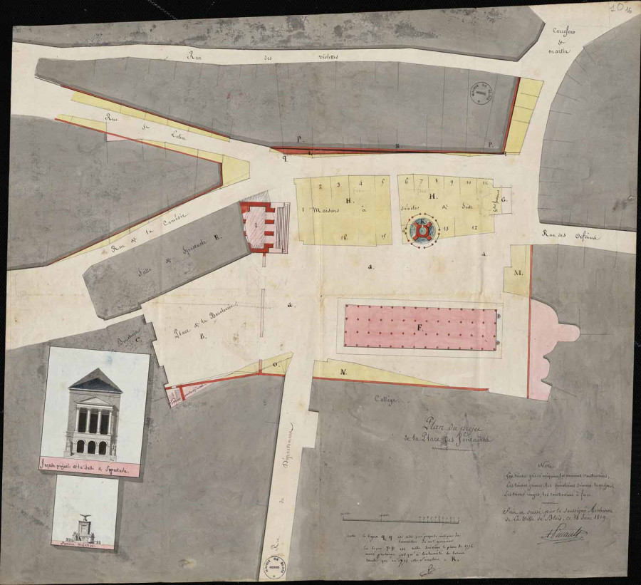 Plan du projet de la place des Fontaines, le 18 juin 1819. � Architecte : Alexandre Pinault. Service mutualis� des Archives de la ville de Blois, d'Agglopolys et du CIAS du Blaisois, 1 O 16.