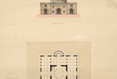 Projet de halle aux bl�s�: �l�vation principale et plan, vers 1845. � Architecte�: Jules de la Morandi�re. Archives d�partementales du Loir-et-Cher, 1 Fi 472/4.