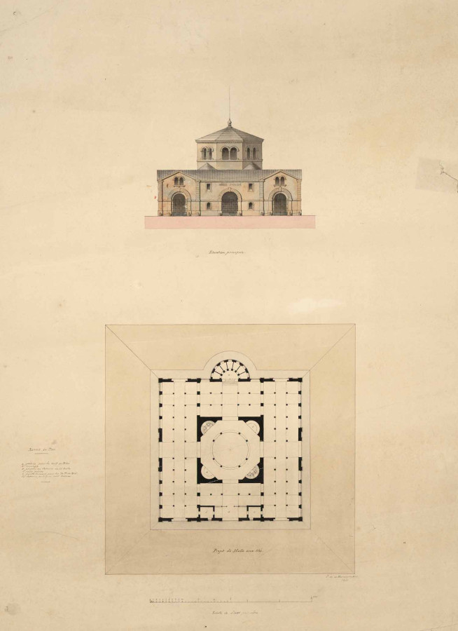 Projet de halle aux bl�s�: �l�vation principale et plan, vers 1845. � Architecte�: Jules de la Morandi�re. Archives d�partementales du Loir-et-Cher, 1 Fi 472/4.