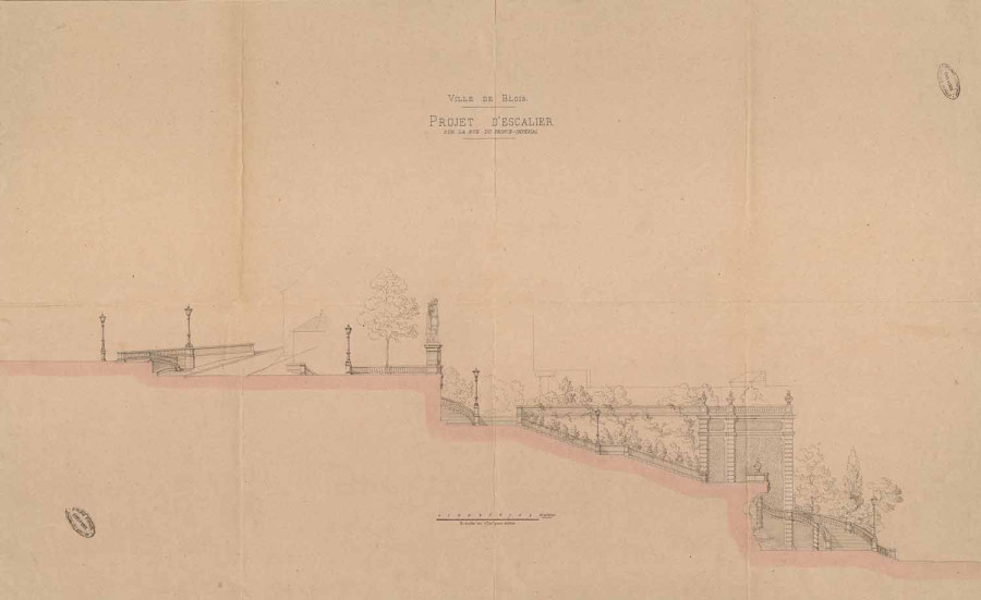 Projet d'escalier sur la rue du Prince Imp�rial, coupe, vers 1870. � Architecte�: Jules de la Morandi�re. Archives d�partementales du Loir-et-Cher, 1 Fi 604/4.