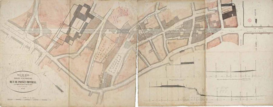Projet d'ouverture de la rue du Prince Imp�rial � la suite et dans l'axe du pont, mai 1860. � Biblioth�que Abb�-Gr�goire, fonds patrimonial, RLV 513.