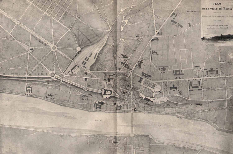 Plan de la ville de Blois telle qu�elle aurait pu �tre en 1914. � Architecte�: Ars�ne Lafargue. Biblioth�que Abb�-Gr�goire, fonds patrimonial.