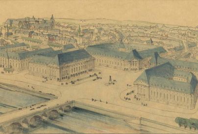 Projet de r�am�nagement et de reconstruction. Vue en perspective du centre-ville de Blois depuis l�actuelle place de la R�sistance, 15 ao�t 1940. � Architecte�: Paul Robert-Houdin. Archives d�partementales du Loir-et-Cher, 176 Fiv 65.