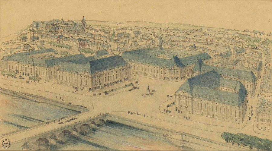 Projet de r�am�nagement et de reconstruction. Vue en perspective du centre-ville de Blois depuis l�actuelle place de la R�sistance, 15 ao�t 1940. � Architecte�: Paul Robert-Houdin. Archives d�partementales du Loir-et-Cher, 176 Fiv 65.