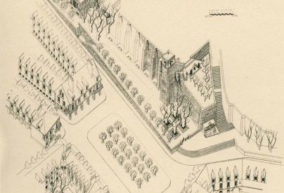 Restauration de la place Louis XII : fa�ade sur la fontaine, 1943. � Architecte�: Andr� Aubert. Service mutualis� des Archives de la ville de Blois, d'Agglopolys et du CIAS du Blaisois, 13 Z 6.