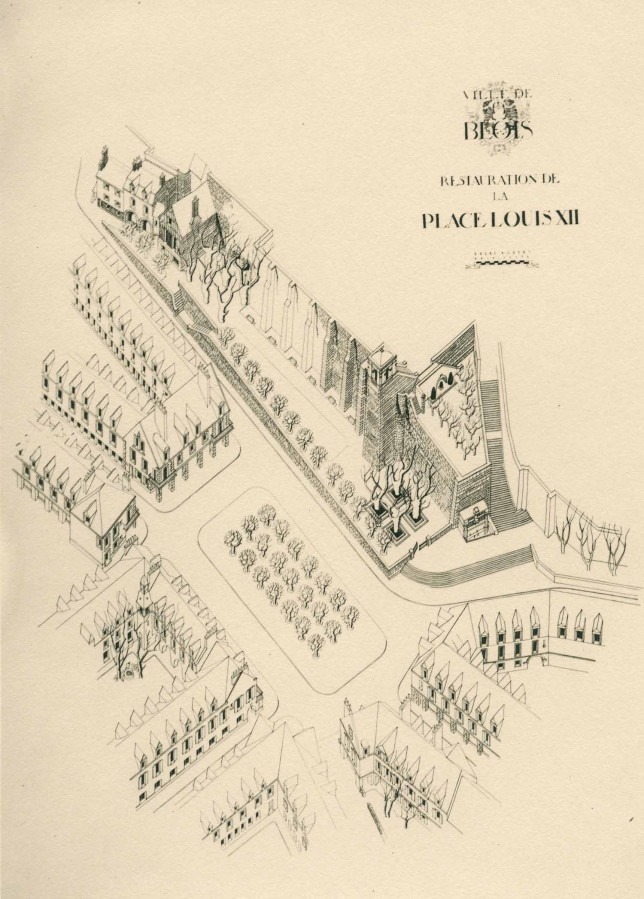 Restauration de la place Louis XII : fa�ade sur la fontaine, 1943. � Architecte�: Andr� Aubert. Service mutualis� des Archives de la ville de Blois, d'Agglopolys et du CIAS du Blaisois, 13 Z 6.