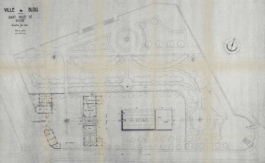 Avant-projet de piscine, quartier des Lices, 1954. � Architecte�: Paul Robert-Houdin. Archives d�partementales du Loir-et-Cher, 127 J 88.