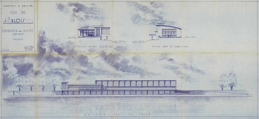 Avant-projet de construction d�une piscine avec bassin de 50 m�tres, quai Saint-Jean : fa�ades, 1960. � Architecte�: Lucien Joubert. Service mutualis� des Archives de la ville de Blois, d'Agglopolys et du CIAS du Blaisois.