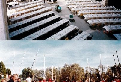 Photographies montrant l'int�rieur de la Halle aux Grains, pr�te pour le repas du soir et Jacques CHAUVIN, ancien Maire adjoint de NIcolas PERRUCHOT, aux c�t�s des cano�istes en 2003. � Service mutualis� des Archives de la Ville de Blois, d'Agglopolys et 