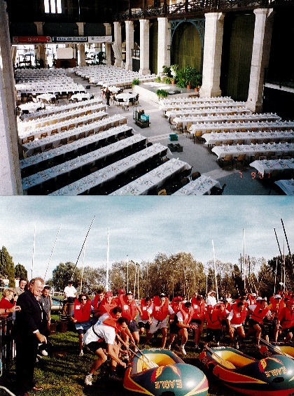 Photographies montrant l'int�rieur de la Halle aux Grains, pr�te pour le repas du soir et Jacques CHAUVIN, ancien Maire adjoint de NIcolas PERRUCHOT, aux c�t�s des cano�istes en 2003. � Service mutualis� des Archives de la Ville de Blois, d'Agglopolys et 