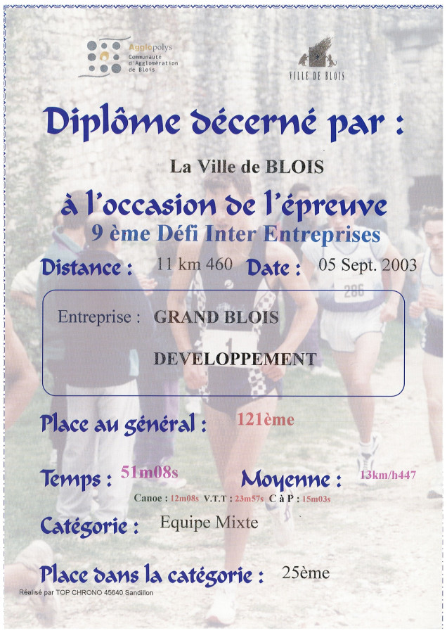 Diplome de Philippe LAVALLART, remis lors du 9�me D�fi au titre de sa participation en �quipe mixte, en 2003. � Service mutualis� des Archvies de la Ville de Blois, d'Agglopolys et du CIAS du Blaisois. Cote 1Fi_2059.