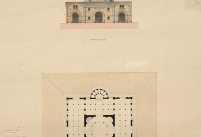 Projet de halle aux blés : élévation principale et plan, vers 1845 (AD 41, 1 Fi 472/4)