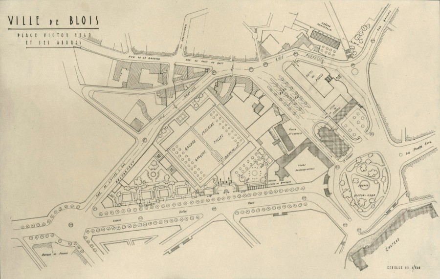 Place Victor-Hugo et ses abords. Plan. Etude par Charles Nicod et Jacques Billard, 1943 (AM Blois).