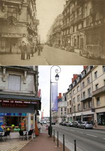 La rue Denis-Papin vers 1936 et en 2015 (AM Blois, 5 Fi 747 / Ville de Blois, Communication)