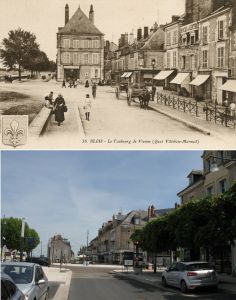Le carrefour de la Libération au début du XXe siècle et en 2015 (AM Blois, 5 Fi 817 / Ville de Blois, Communication)