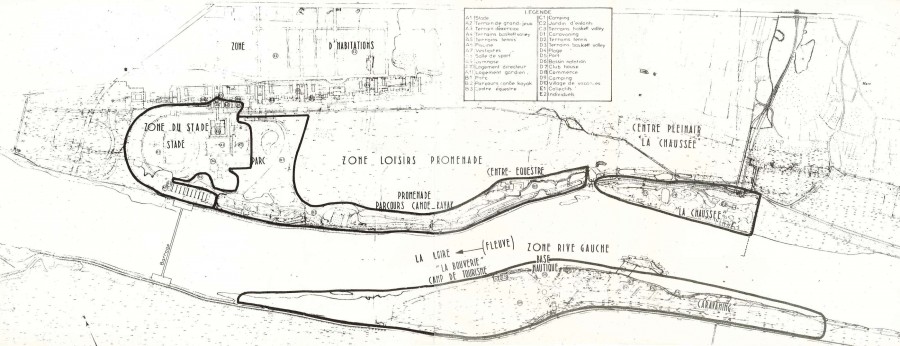 Plan de zoning de la Base de loisirs de l’architecte Hoÿm de Marien, 1964 / Archives municipales de Blois, non coté.